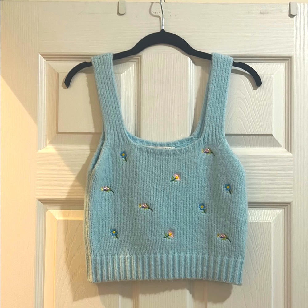 English Factory Light Blue Embroidered Knit Crop Tank